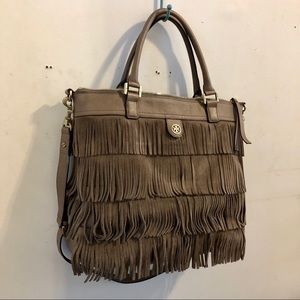 Tory Burch suede fringe crossbody tote bag.
